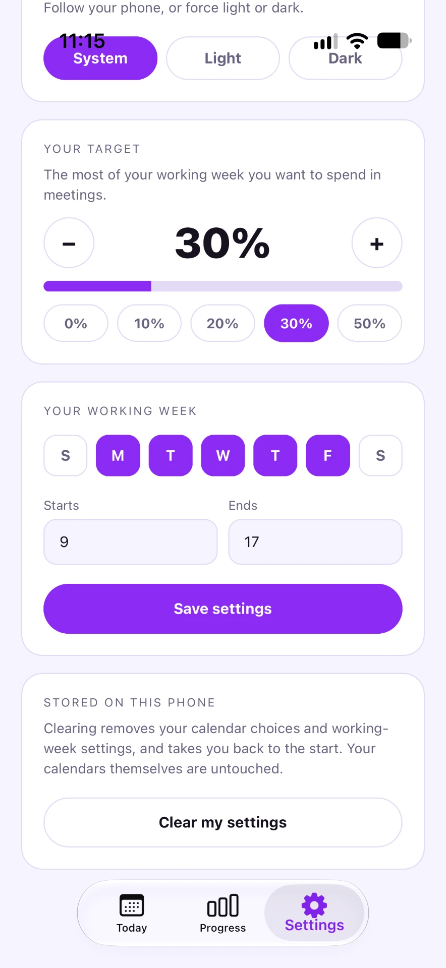 Meeting Zero settings screen with a 30% meeting target and working week